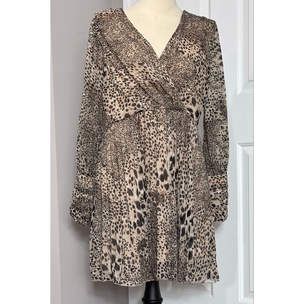 ASOS Sz 12 Animal Leopard Print Dress Pleated Long Sleeves Festival